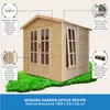 A wooden garden office shed shown from a three-quarter front angle, placed on a patch of artificial grass. The image includes callouts with text and smaller inset images highlighting features. Náhľad obrázku produktu