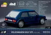 A blue Volkswagen Golf GTI model car with technical specifications and branding displayed. Voir les images du produit
