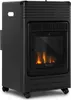 A black outdoor heater with a glass front showing artificial flames. Produktbild-Vorschau