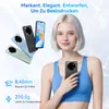 A woman holding a smartphone, with other phones displayed in the background, and feature highlights. Produktbild-Vorschau