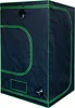 A black grow tent with green trim and zippers, featuring ventilation ports and a window. Produktbild-Vorschau