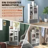 Collage of images showing a white and gray bookshelf in different room settings, with text overlays highlighting its versatility. Produktbild-Vorschau