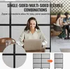 A woman is working on a laptop in front of a room divider. The background shows a blurred office or cafe setting. There are inset images showing a close-up of the panel connection and two configurations of the room divider. Anteprima dell’immagine prodotto