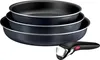 A stack of three dark blue frying pans with a detachable black handle in the foreground, all on a white background. Produktbild-Vorschau