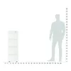 A white bookshelf is shown next to a silhouette of a person with a height chart. Produktbild-Vorschau