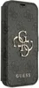 A close-up studio shot of a black Guess flip phone case with a repeating Guess logo pattern and a prominent gold Guess logo. Podgląd zdjęcia produktu