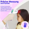 A hand wearing a glove is holding a digital infrared thermometer to a child's forehead. The thermometer displays a temperature reading. There is text overlay describing the product's features. Produktbild-Vorschau