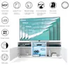 A white TV stand with various features highlighted by icons and text, and a large television screen displaying different sizes. Produktbild-Vorschau