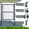 A garden gate with informational callouts highlighting its features. Produktbild-Vorschau