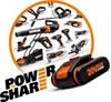 A collage of various WORX power tools arranged in a circular pattern, with a prominent battery pack in the foreground and the brand's slogan below. Náhled obrázku produktu