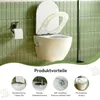 A wall-mounted toilet with the lid open, shown in a bathroom setting with green tiled walls. Below the toilet, there are several circular graphics highlighting product features. Podgląd zdjęcia produktu