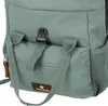 A close-up view of a mint green backpack, showing details of its front pocket, straps, and a mesh side pocket. Voir les images du produit