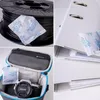 A collage of images showing silica gel packets in different contexts: with a spool of 3D printer filament, inside a binder, and in a camera bag with a camera. Produktbild-Vorschau