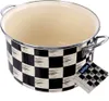 A close-up view of an enamel pot with a checkered pattern. Náhled obrázku produktu