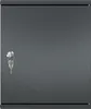 A close-up, front-facing view of a gray metal key cabinet with a key in the lock. Produktbild-Vorschau