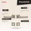 A marketing image showcasing door handles and rosettes with descriptive text highlighting features. Produktbild-Vorschau