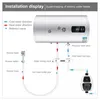Diagram showing the installation and water flow of an electric water heater and a water pressure booster pump. Náhled obrázku produktu