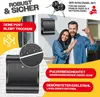 A collage of images showcasing a black mailbox, a couple holding keys, and text highlighting product features. Produktbild-Vorschau