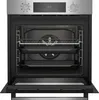 An open built-in oven with racks and baking trays inside, set against a white background. Produktbild-Vorschau