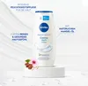 A Nivea Creme Soft & Mandel-Öl body wash bottle is displayed on a white pedestal, with decorative elements and text overlays. Produktbild-Vorschau
