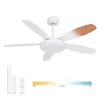 A white ceiling fan with wooden accents on one blade, displayed against a white background, with accessories and a color temperature scale below. Náhled obrázku produktu