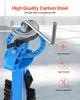 A close-up of a blue pipe bender with text overlays highlighting its features. Produktbild-Vorschau
