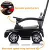 Side view of a black ride-on car with labels pointing out features. Produktbild-Vorschau