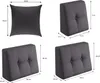 A collage of four images showing different sizes of dark gray wedge pillows, with dimensions indicated by measurement lines and text. Produktbild-Vorschau