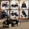 A collage of images showing a black retro ride-on car for children from different angles, including close-ups of the steering wheel and a folded view. The main image shows the car on a carpeted floor. Náhled obrázku produktu