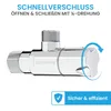 A close-up of a chrome-plated water valve with text and icons indicating features. Produktbild-Vorschau