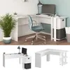 A collage of images showing a white L-shaped desk with a computer, chair, and plant. The bottom part of the collage shows two separate views of the desk. Podgląd zdjęcia produktu