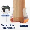 A close-up image showing a wooden leg of furniture with a protective cap on its base, demonstrating its features. A caliper is shown in a circle, measuring the thickness of the cap. Text overlays provide information about the product. Produktbild-Vorschau