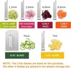 A diagram showing different blades for a spiralizer and the types of cuts they produce. Produktbild-Vorschau