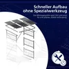 An exploded view diagram of a metal firewood rack with a roof, showing assembly components and text highlighting quick assembly without special tools. Produktbild-Vorschau