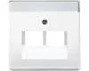 A white wall plate with two openings for sockets and a central screw. Produktbild-Vorschau