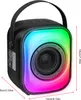 A black portable speaker with colorful LED lights and a handle, shown with dimensions indicated. Podgląd zdjęcia produktu