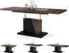 A dining table with a lift mechanism and a decorative vase with flowers and ice cream bowls on top. Below the main table, there are three smaller images of the table in a more compact form. Produktbild-Vorschau
