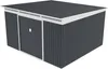 A dark gray garden shed with a white trim and a dark gray roof, presented on a white background. Produktbild-Vorschau