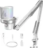 A white USB microphone with a boom arm and accessories on a white background. Voir les images du produit