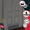 A close-up of a gray wooden door with a ventilation grille at the bottom, overlaid with marketing icons and graphics. Náhled obrázku produktu