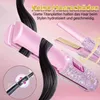 A pink hair straightener with rhinestones is shown with black hair. A close-up inset shows hair being styled. Produktbild-Vorschau