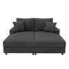 A dark gray sofa with two chaise lounges and two throw pillows, shown from the front on a white background. Produktbild-Vorschau