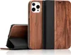 A wooden flip case for an iPhone 13 Pro Max is shown against a white background. The case is open, revealing the phone and its interior. Podgląd zdjęcia produktu