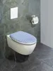 A wall-mounted toilet with a decorative seat cover in a bathroom setting. Produktbild-Vorschau