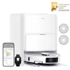 A white robot vacuum cleaner with its charging station, a smartphone, and a smartwatch are displayed against a white background. Two circular cleaning pads are also shown. Produktbild-Vorschau