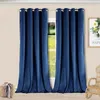 Two blue velvet curtains hang on a window rod, with a window showing greenery behind them. A woven basket with a scarf is on the left, and a wicker chair is on the right. Anteprima dell’immagine prodotto