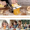 A collage showing a pasta maker, eggs, cheese, and people enjoying pasta. Produktbild-Vorschau
