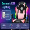 A gaming chair with dynamic RGB lighting and various features highlighted. Podgląd zdjęcia produktu