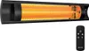 A black infrared heater with an orange heating element, shown with a black remote control. Produktbild-Vorschau
