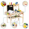 A wooden toy workbench with various tools and accessories, presented on a white background with call-out circles highlighting specific parts. Náhled obrázku produktu